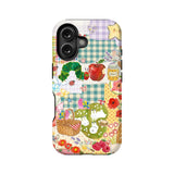 Colorful patchwork phone case with picnic illustrations, back view for Shopify product listing