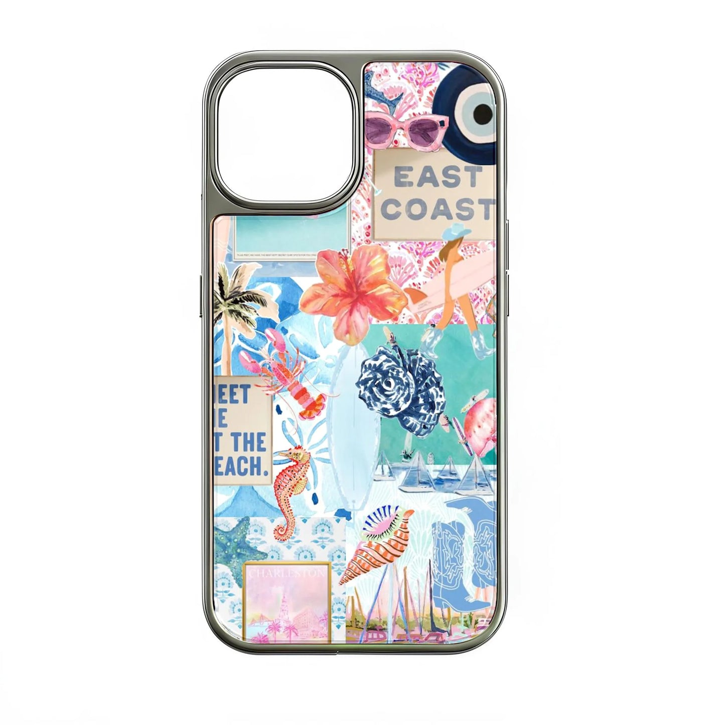 Funda holográfica cromada para teléfono con diseño costero: ambiente playero y colorido
