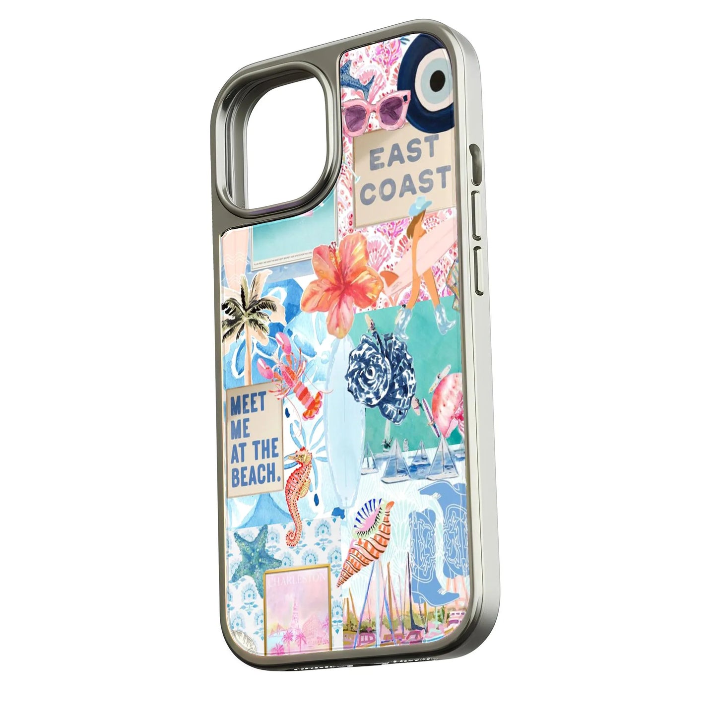 Funda holográfica cromada para teléfono con diseño costero: ambiente playero y colorido