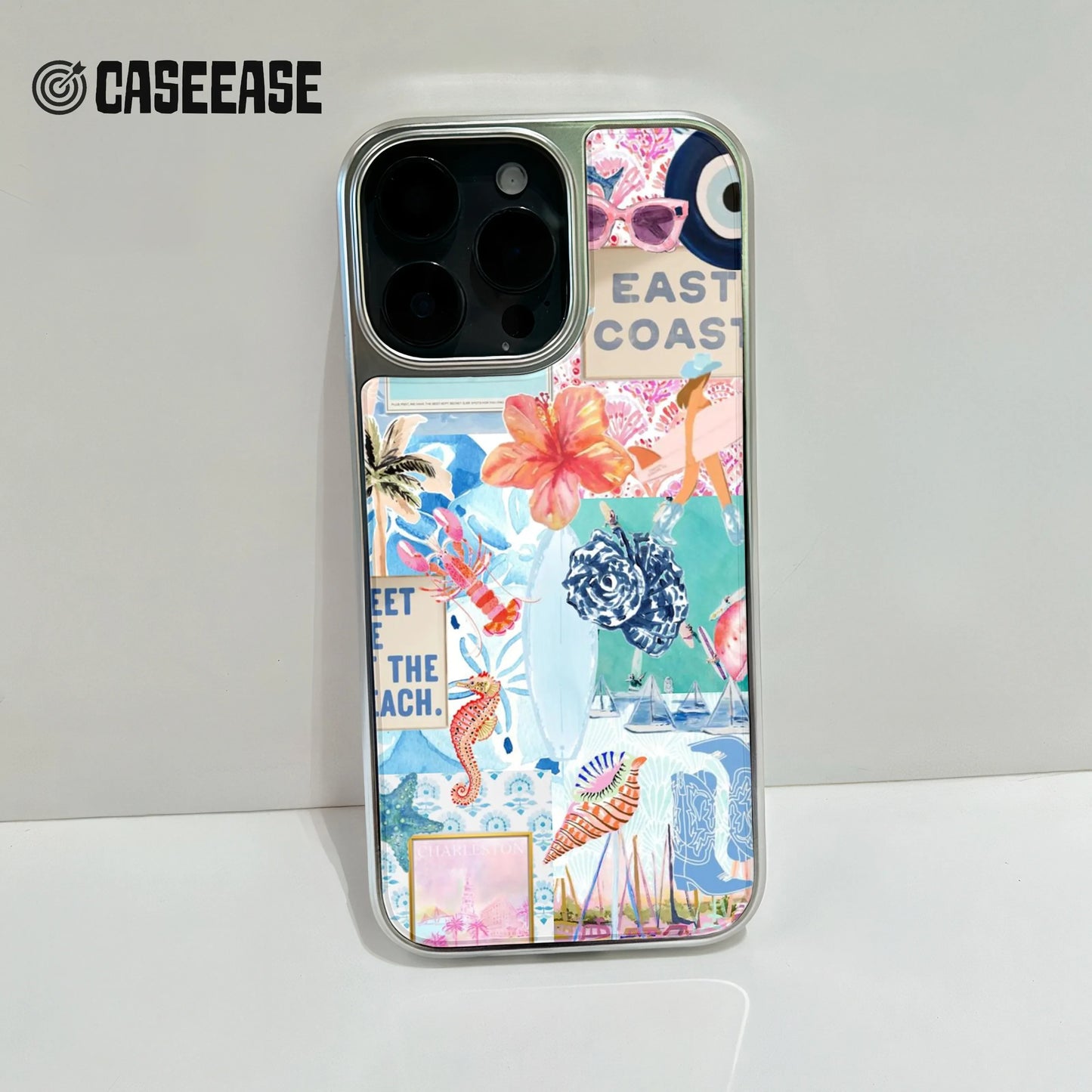 Funda holográfica cromada para teléfono con diseño costero: ambiente playero y colorido
