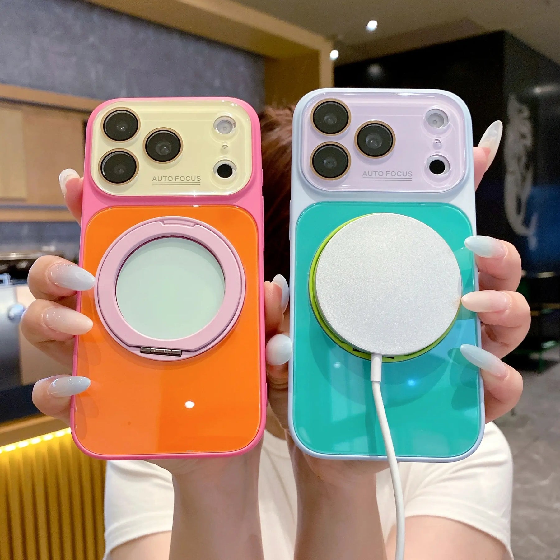 Dopamine Colors Magnetic Case for iPhone 17 16 15 14 Pro Max, with 360° Rotating Ring Stand, Colorblock Glossy Shockproof Cover with Full Camera Protection, Wireless Charging Compatible with MagSafe, Best Gift for Women Girls (main image)