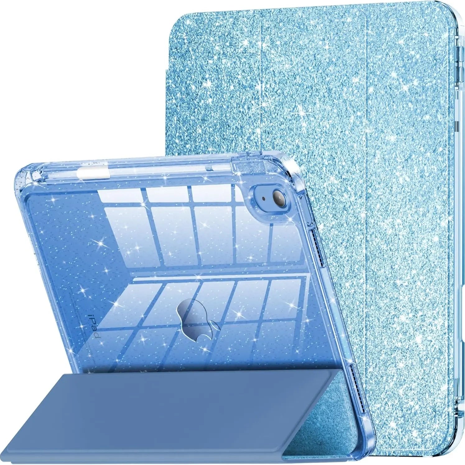 INFILAND Compatible with iPad Case, Glitter Cover with Sparkly Clear Back, Pencil Holder, for Kids Girls Computer Tablet Casing Protection Protective - Color Blue (variant image)