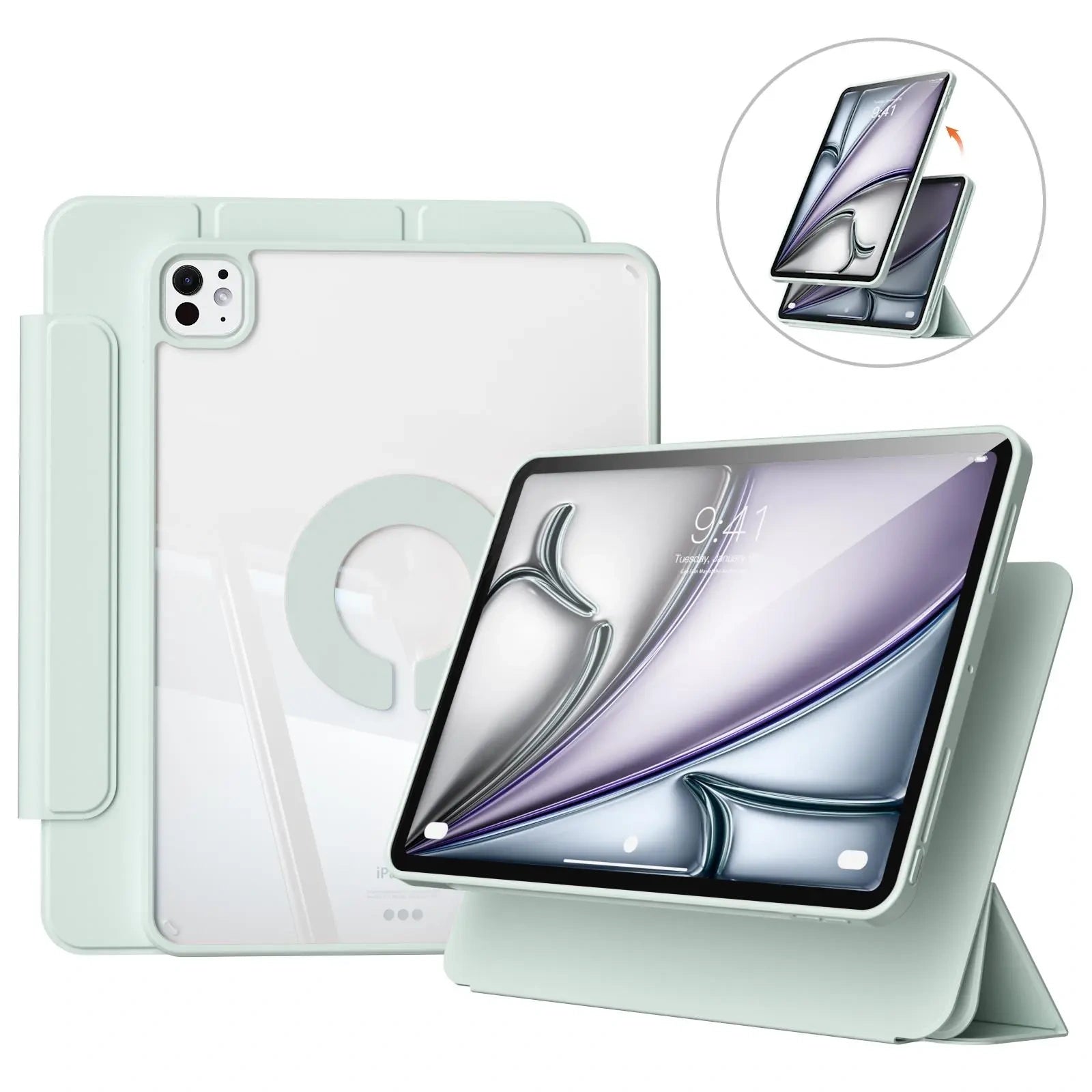 KENKE Magnetic Rotatable Detachable Tablet Case with Pencil Holder, Protective Flip Cover Compatible with iPad, Smart Tablet Accessories, Tablet Casing, Removable Cover, Tablet Covers - Color Light Green (variant image)